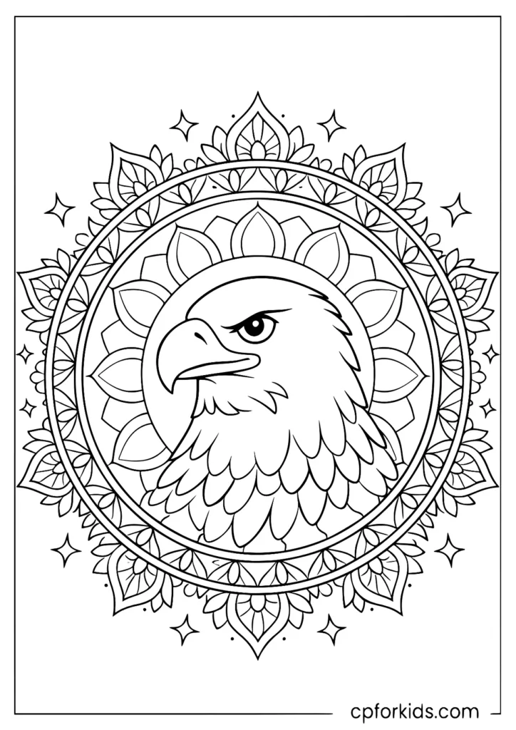 Bald eagle mandala coloring page for adults with detailed lines.
