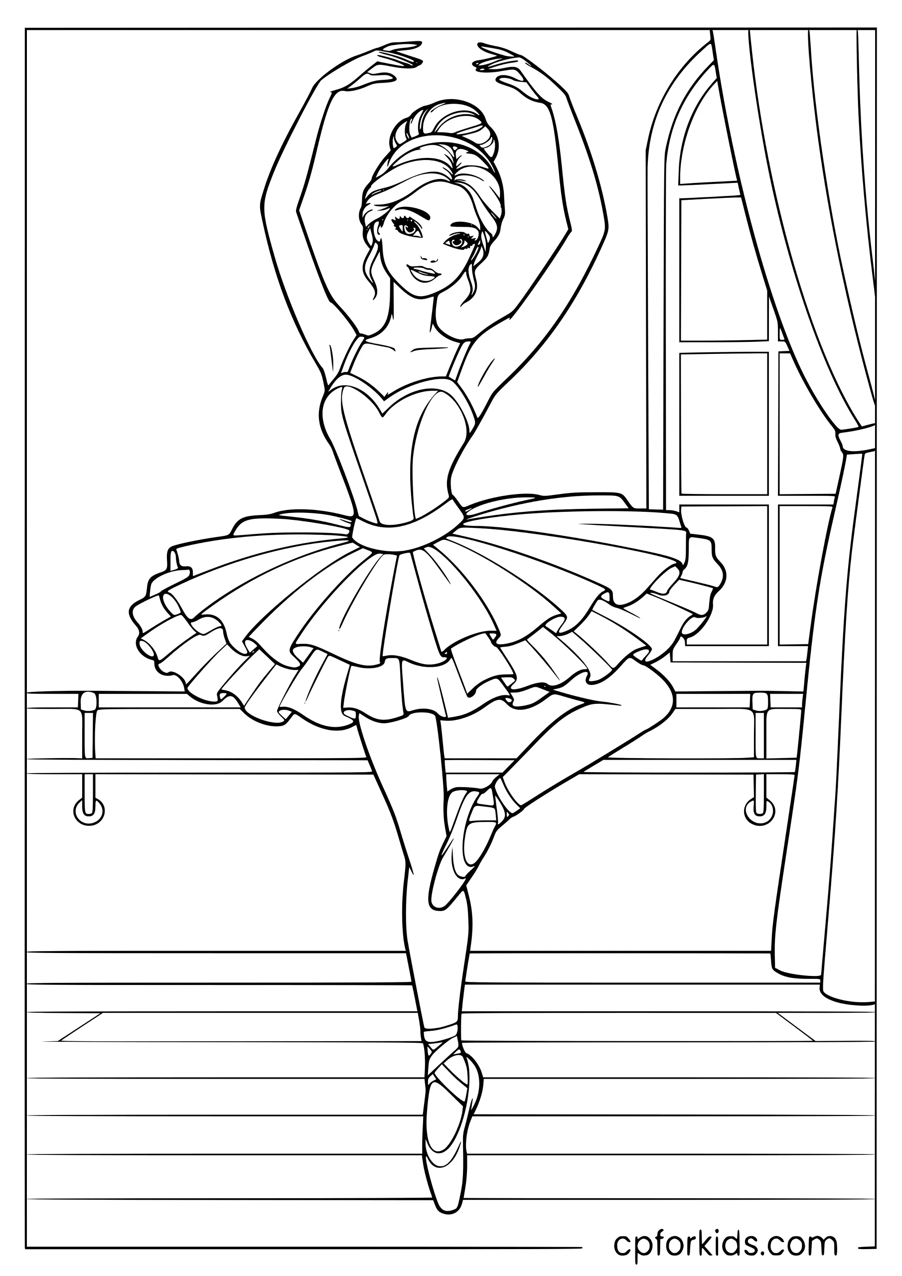 Barbie in a tutu holding a classic ballet pose with arms raised