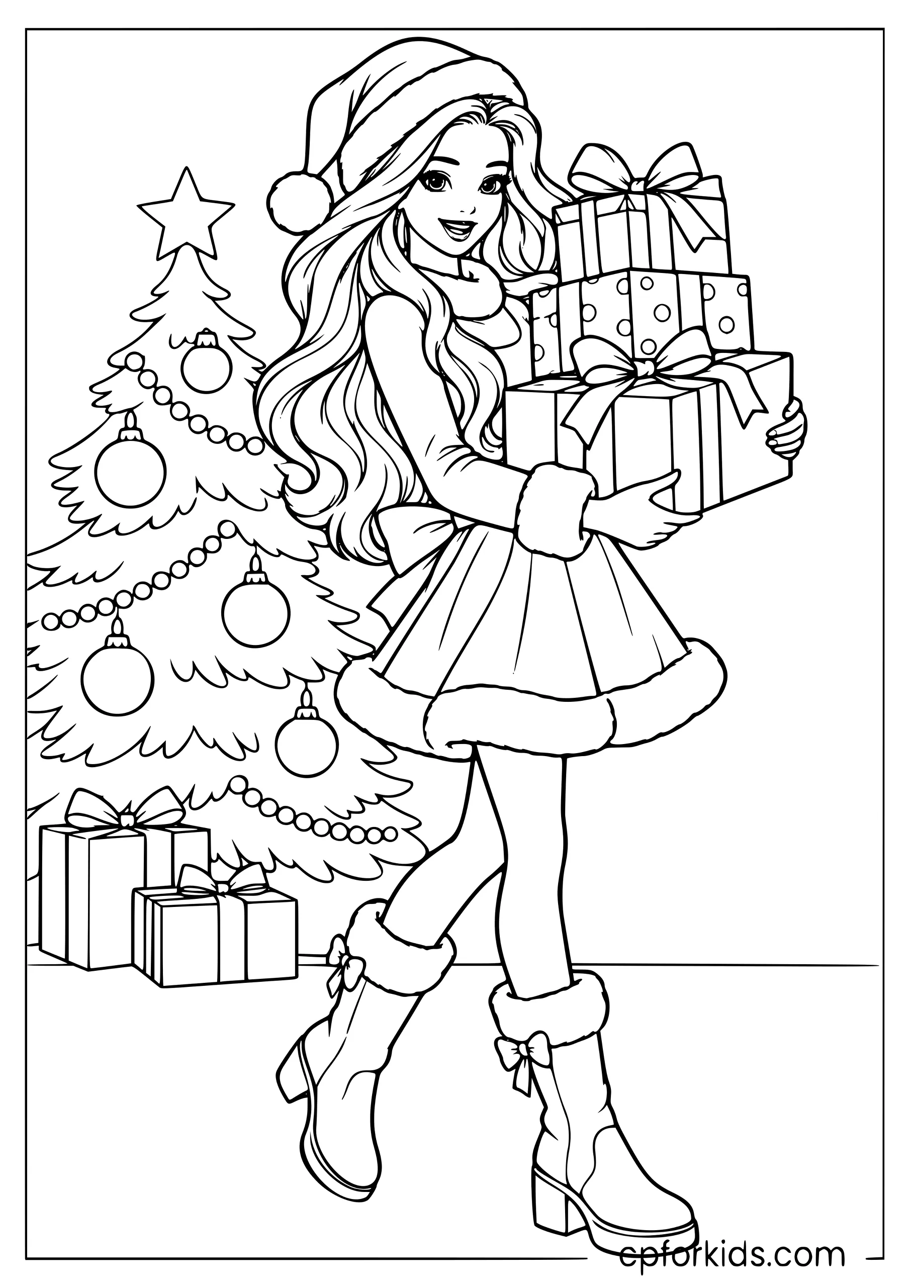 Barbie in a festive Christmas outfit holding wrapped gifts