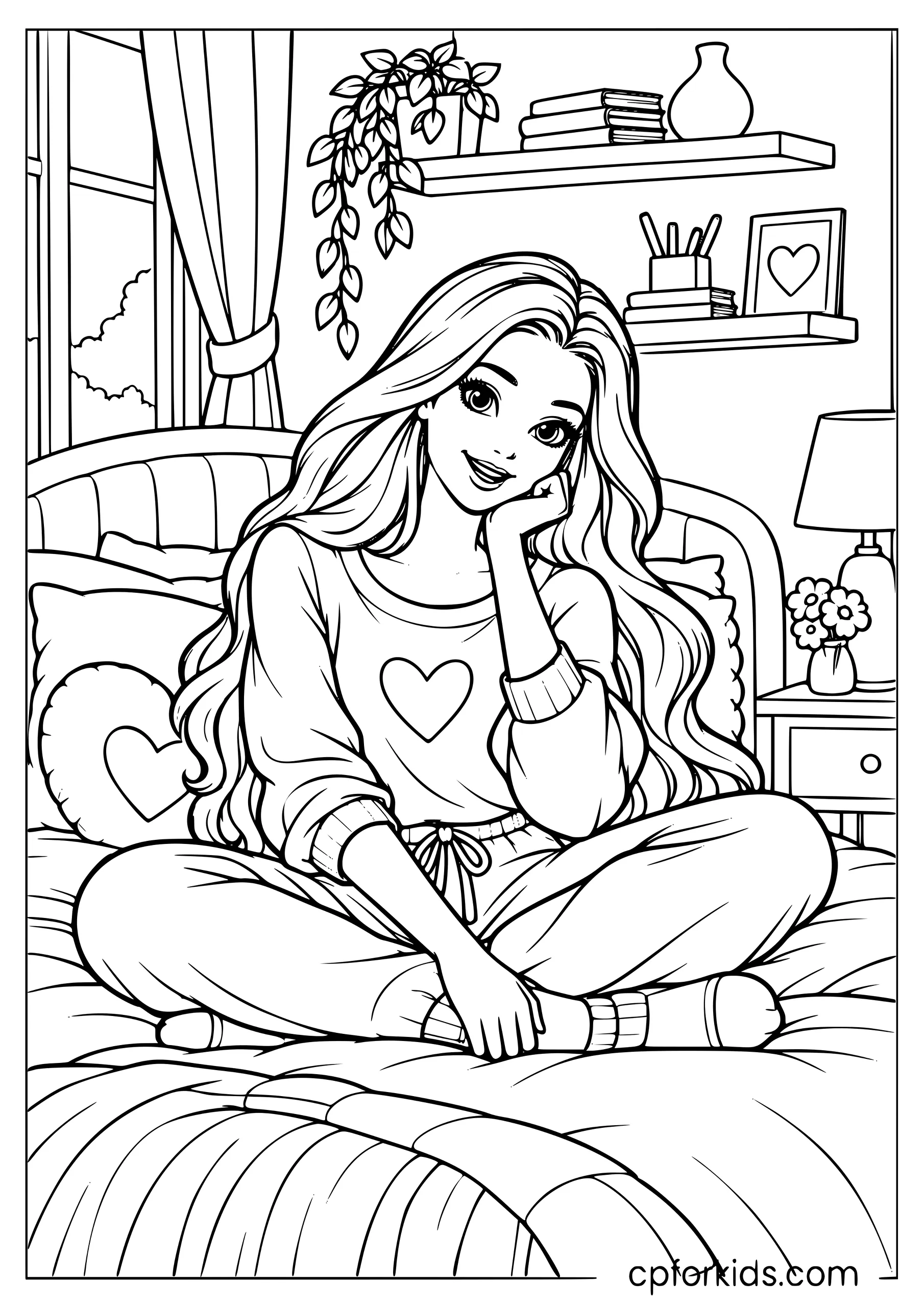 Barbie sitting on her bed inside a decorated dreamhouse bedroom