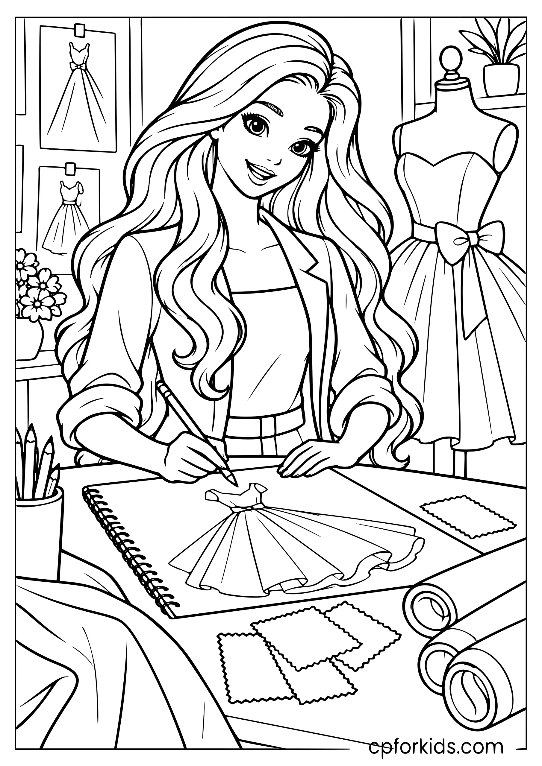 Barbie sketching a dress design at a drafting table