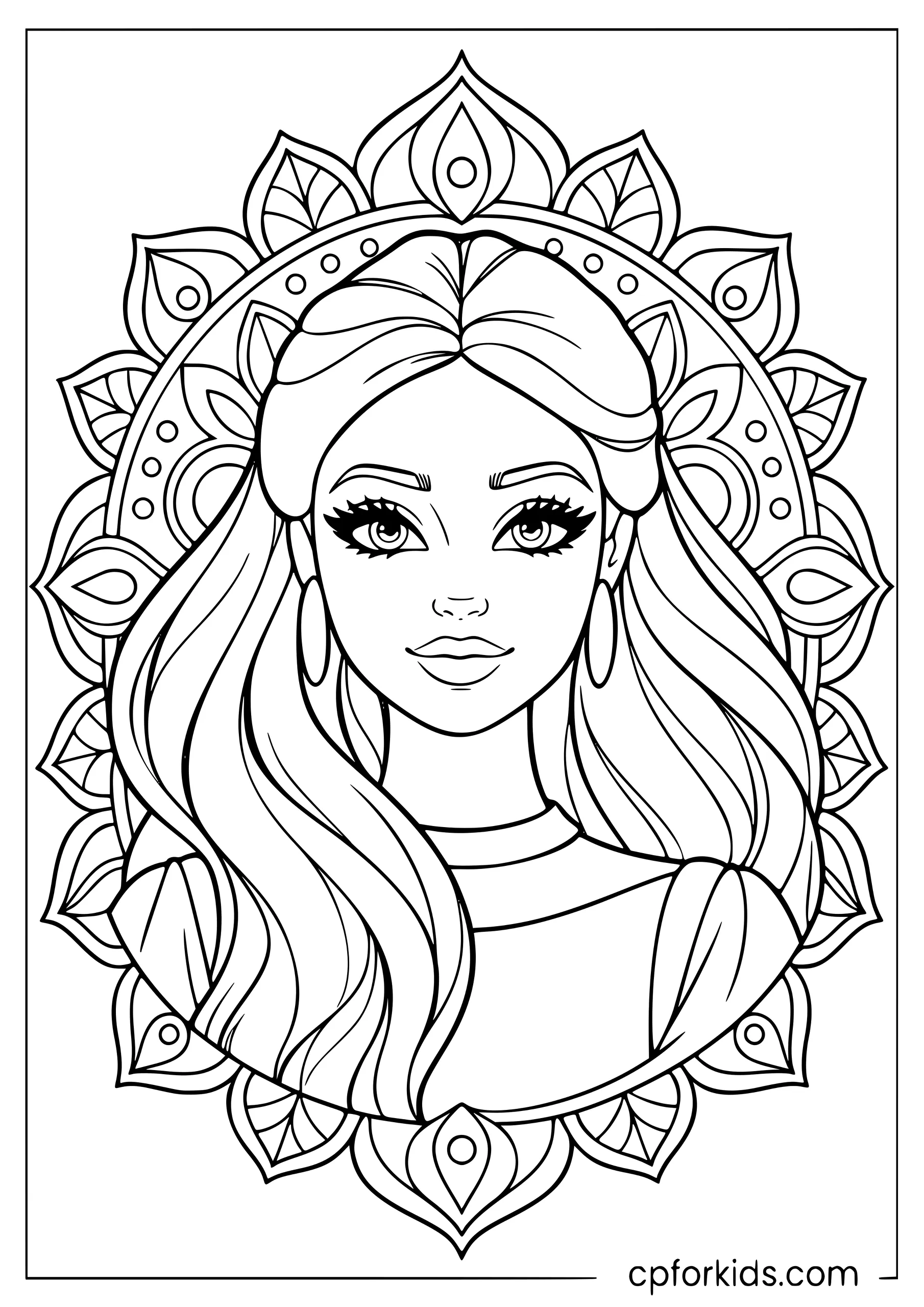 Detailed Barbie portrait framed by an intricate mandala pattern