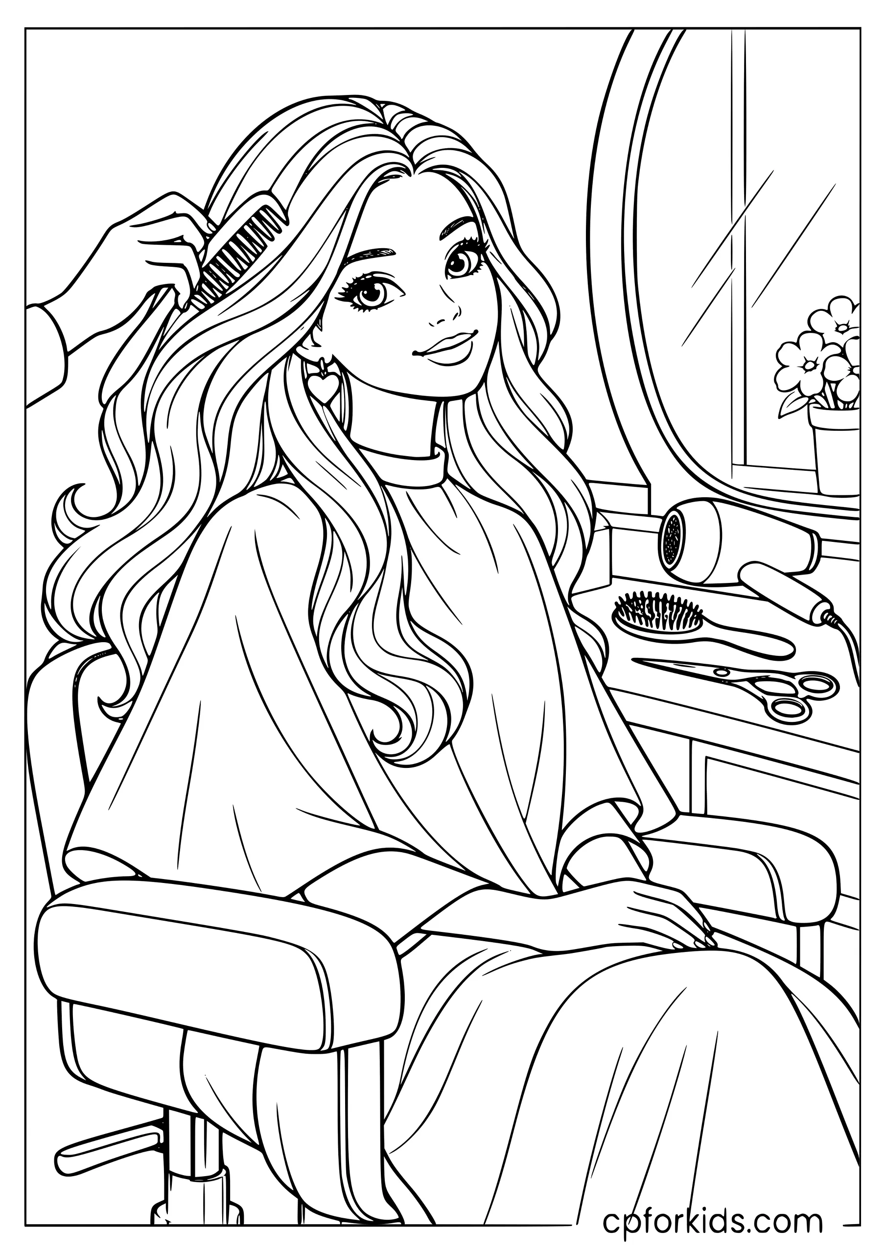 Barbie seated in a salon chair while her hair is styled