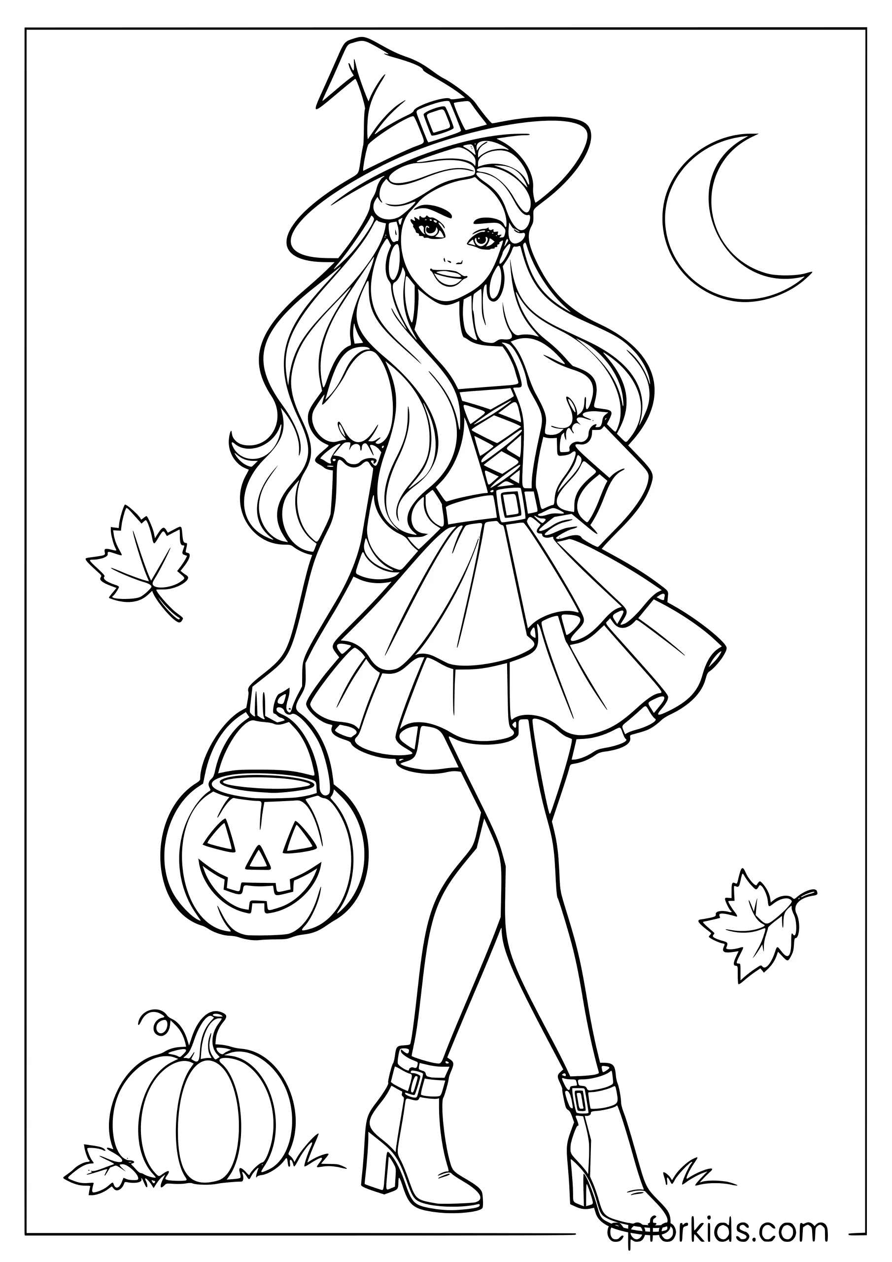 Barbie in a Halloween costume carrying a pumpkin-shaped basket