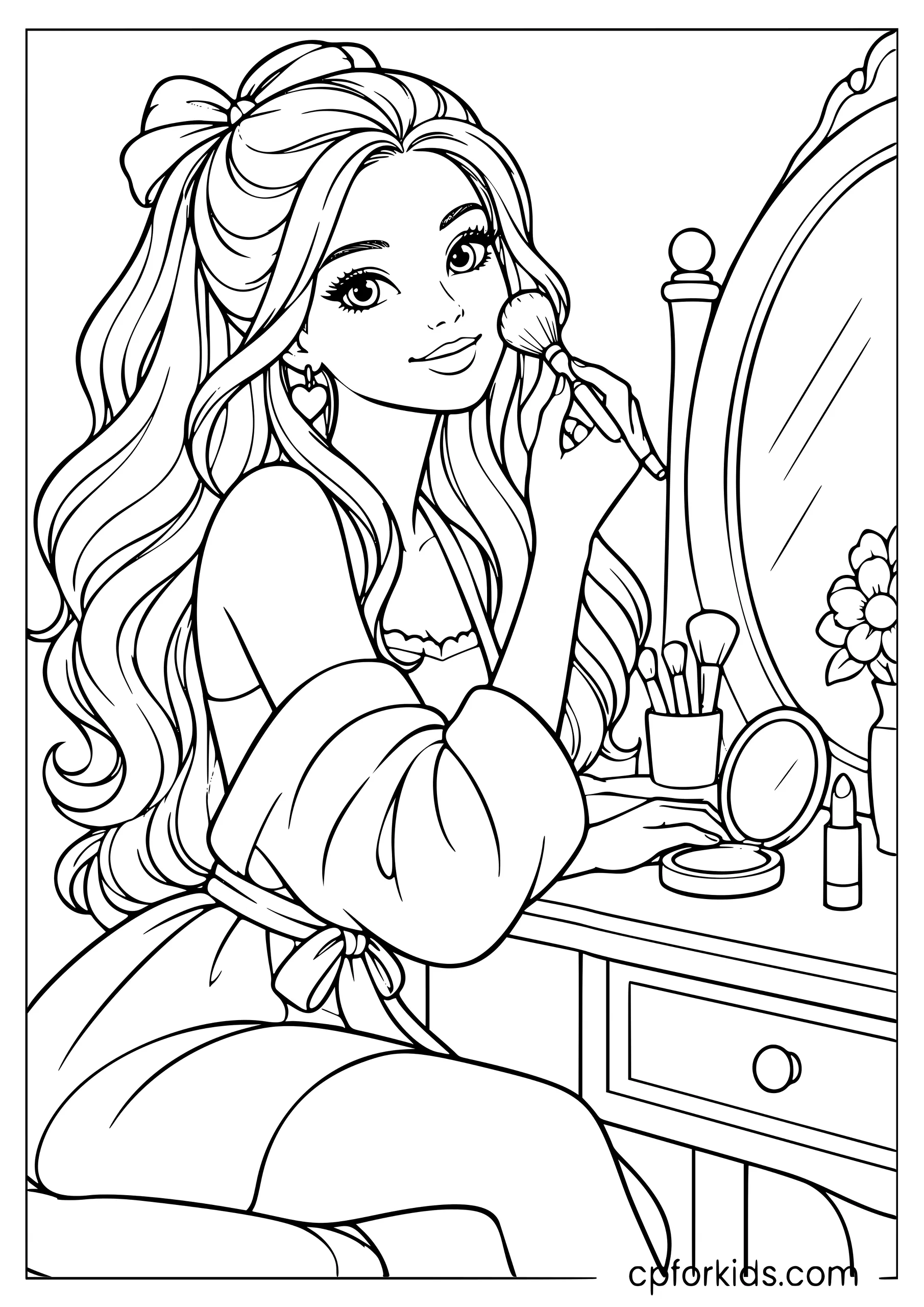Barbie seated at a vanity mirror holding a makeup brush