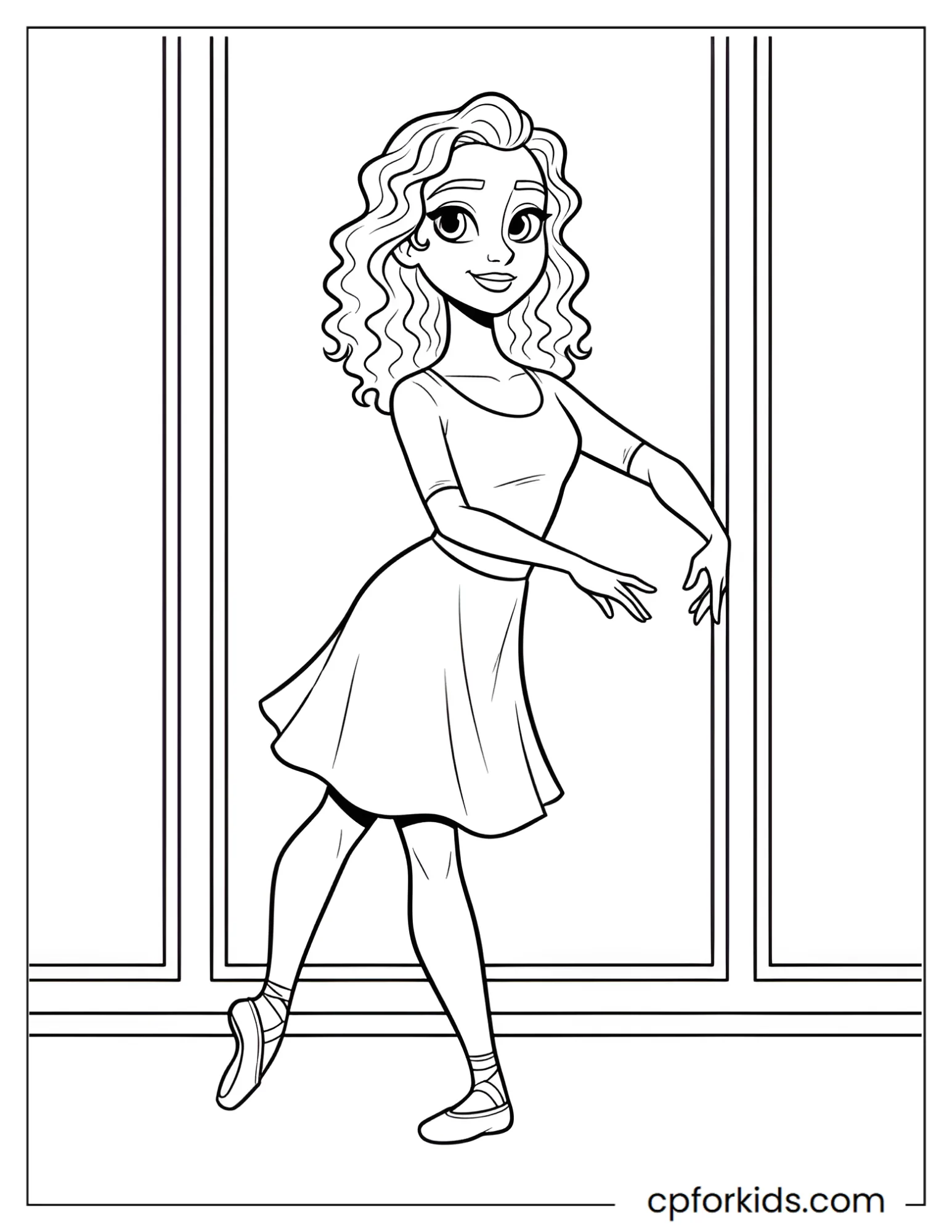 Curly hair princess practicing ballet in a simple studio