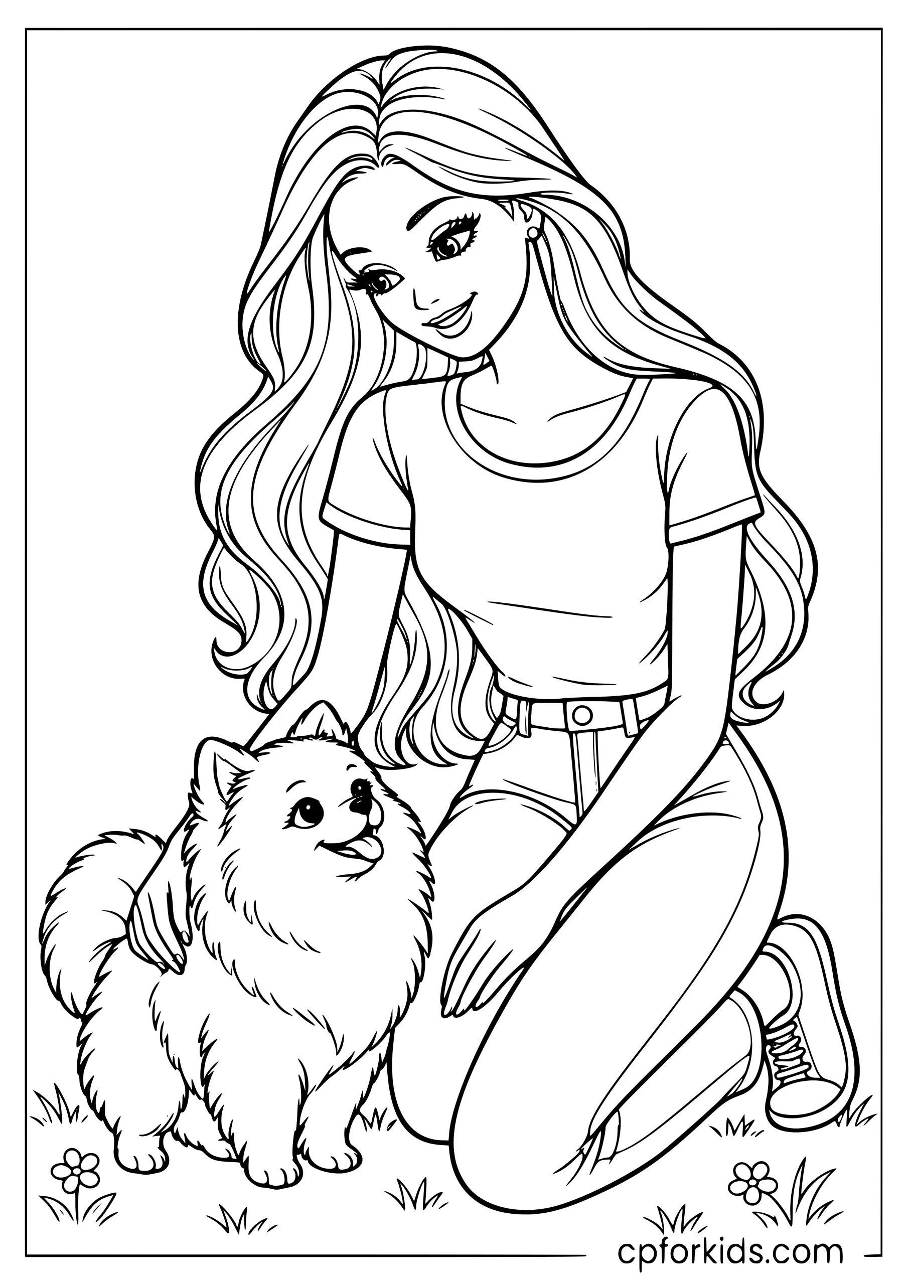 Barbie kneeling on the grass beside her small pomeranian, one hand resting on its back