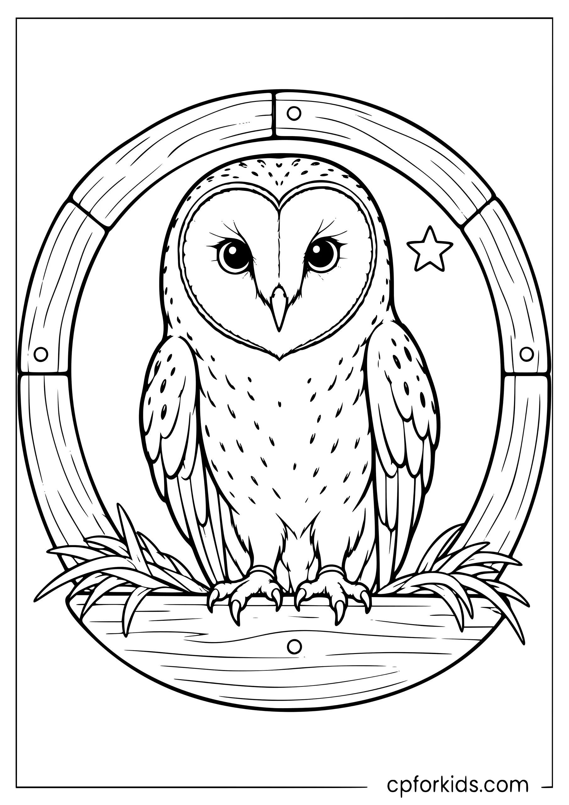 Barn owl perched in a round window