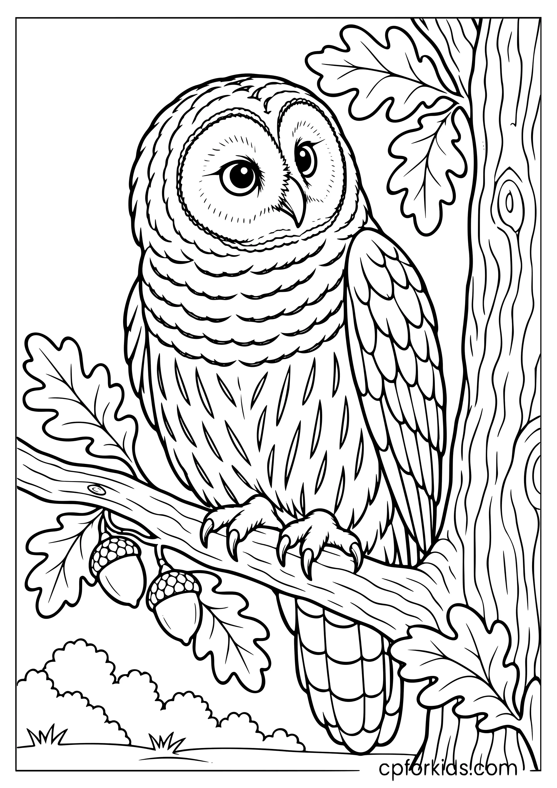 Barred owl perched beside an oak trunk