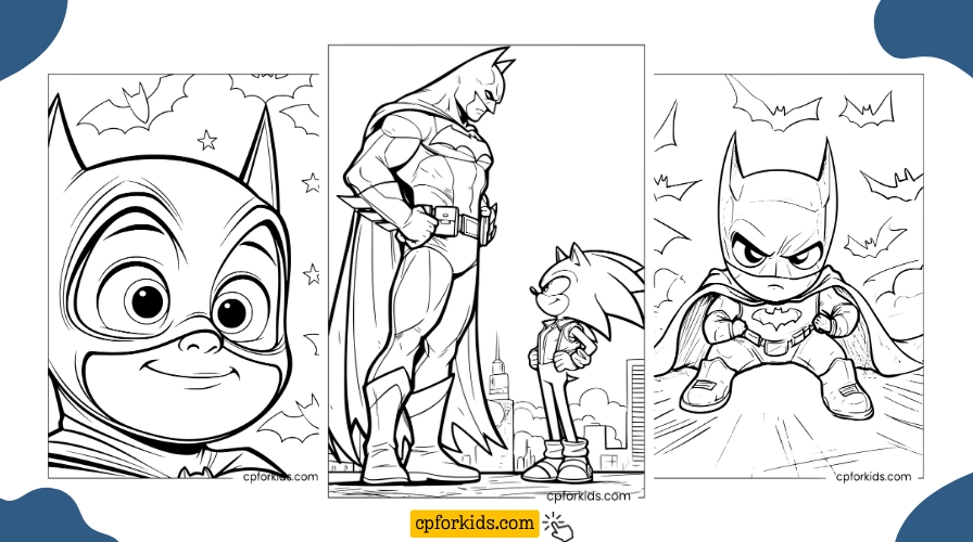 Free printable Batman coloring pages — baby Batman, Batman and Sonic, and chibi Batman