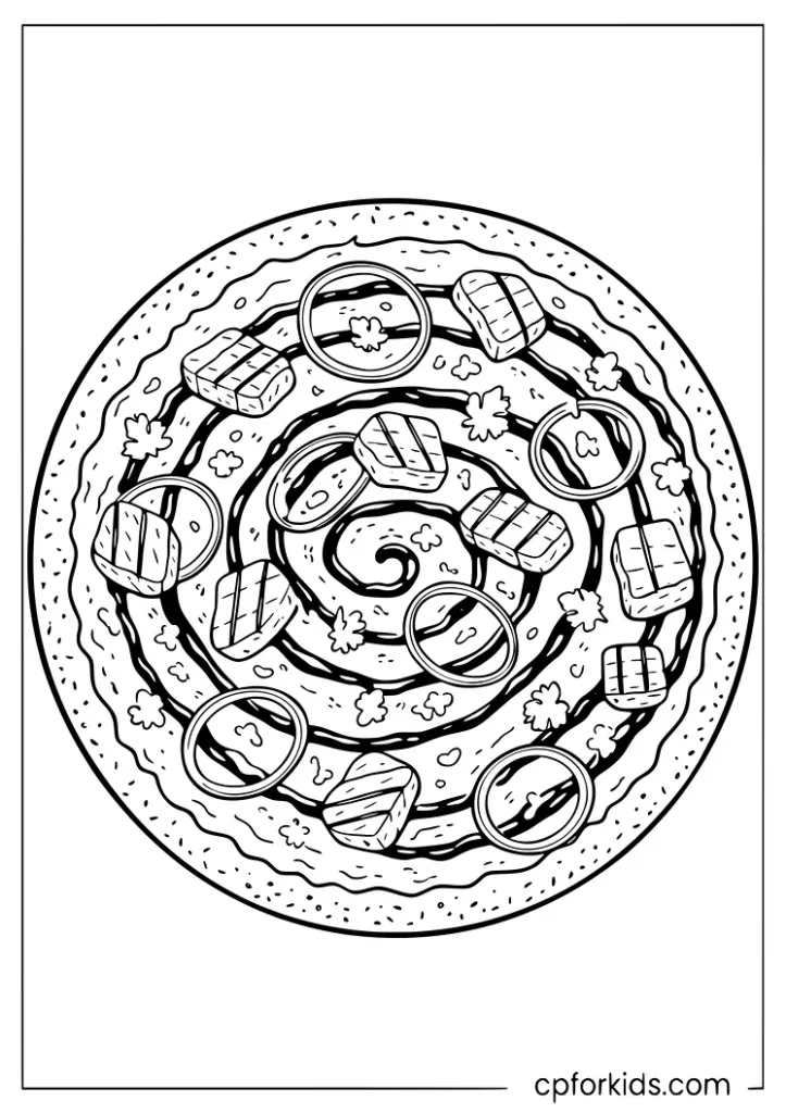 BBQ chicken pizza with grilled chicken and sauce swirls top view coloring page