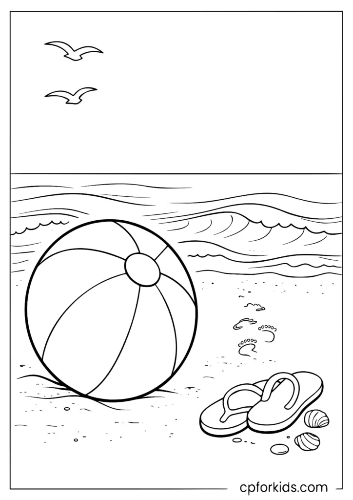 Beach ball and flip-flops on the sand with seagulls flying overhead coloring page