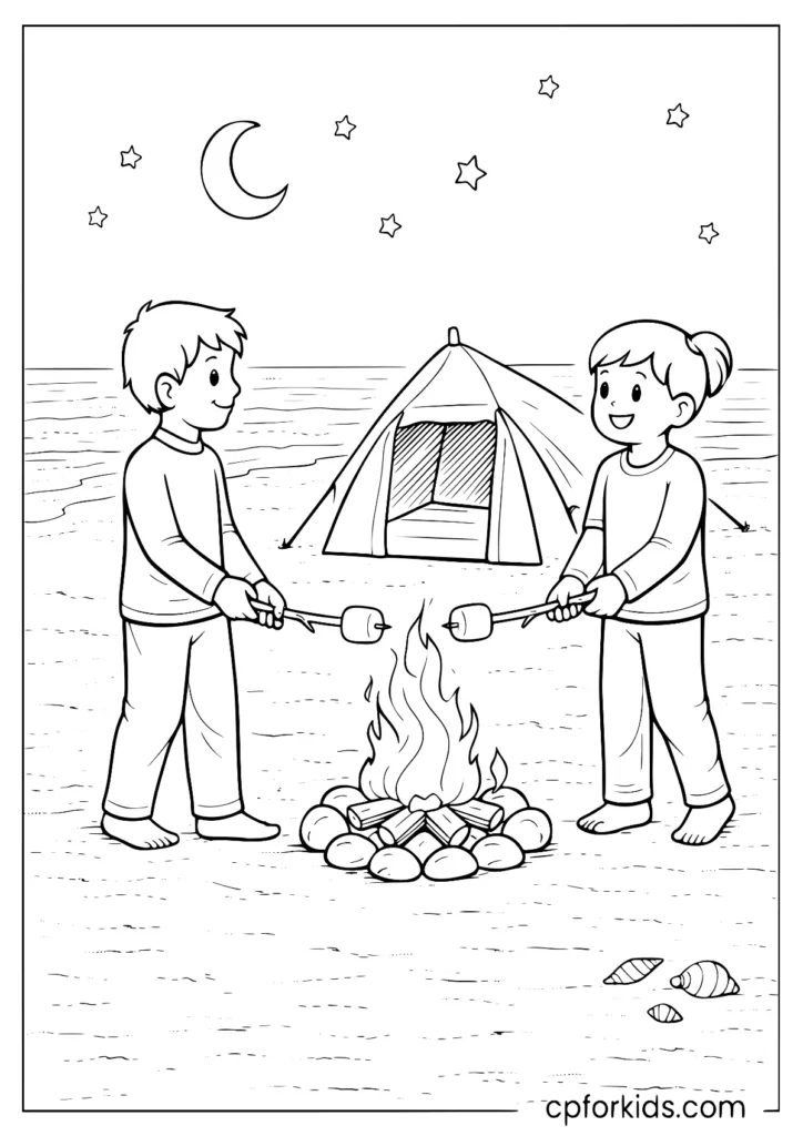 Beach campfire marshmallow roast printable coloring page