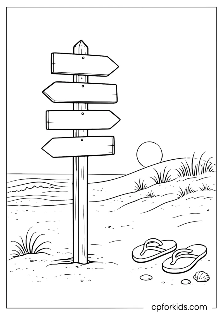 Wooden beach signpost with blank arrow boards in the dunes printable coloring page