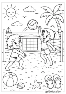 Kids playing beach volleyball in summer