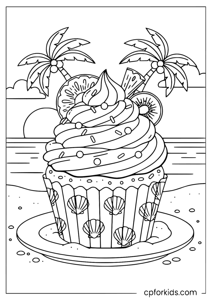 Tropical cupcake coloring page printable