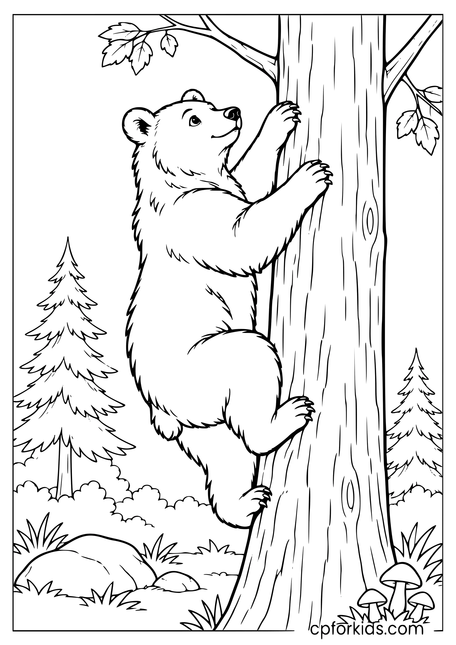 Bear climbing the trunk of a tall tree in the forest