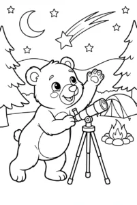 Cute bear cub stargazing with a telescope at camp
