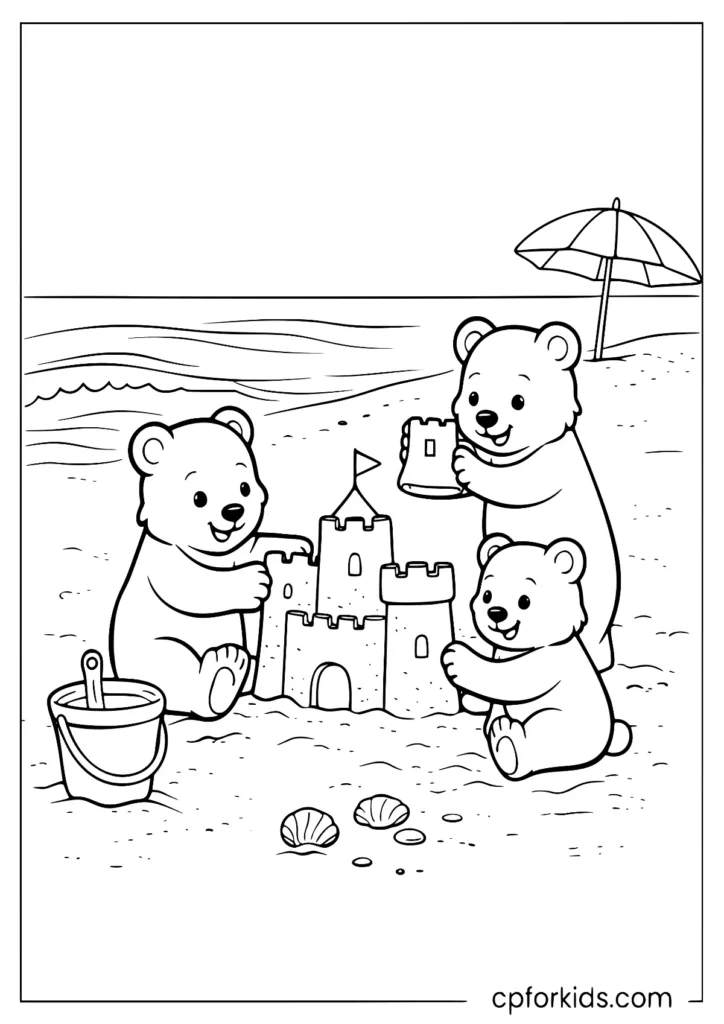 Cute bear family building a sandcastle with a bucket and umbrella coloring page