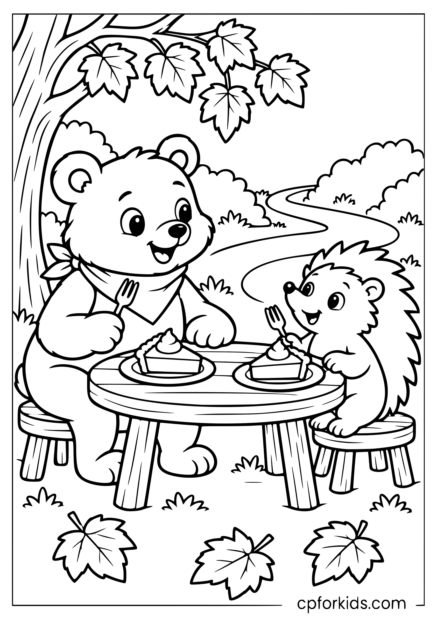 Bear and hedgehog sharing pumpkin pie beneath an autumn tree