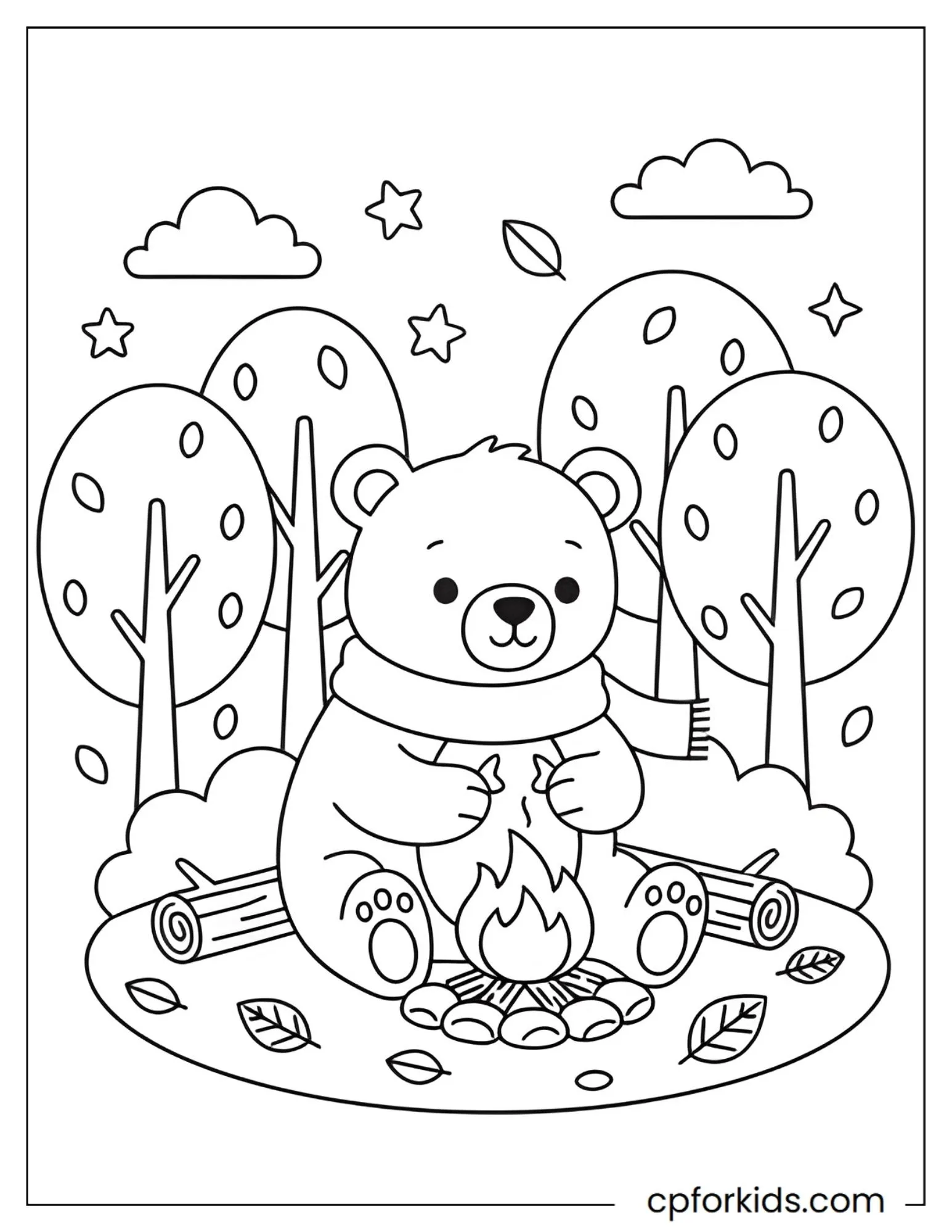 Bear sitting beside a campfire in the woods