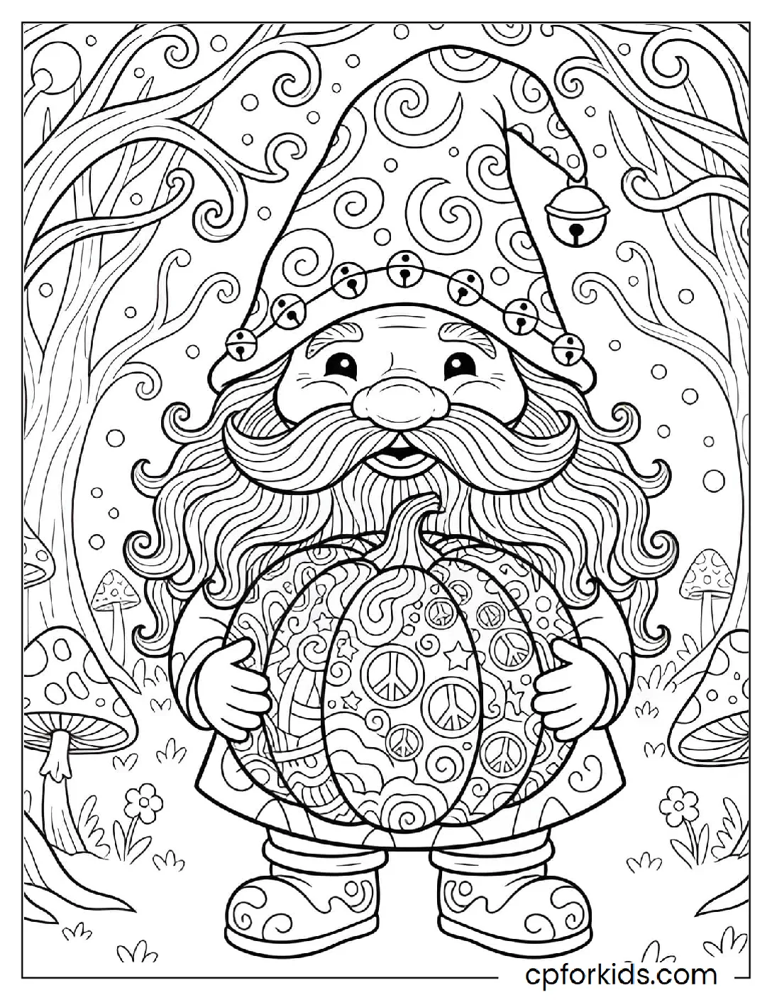 Bearded gnome beside a groovy pumpkin