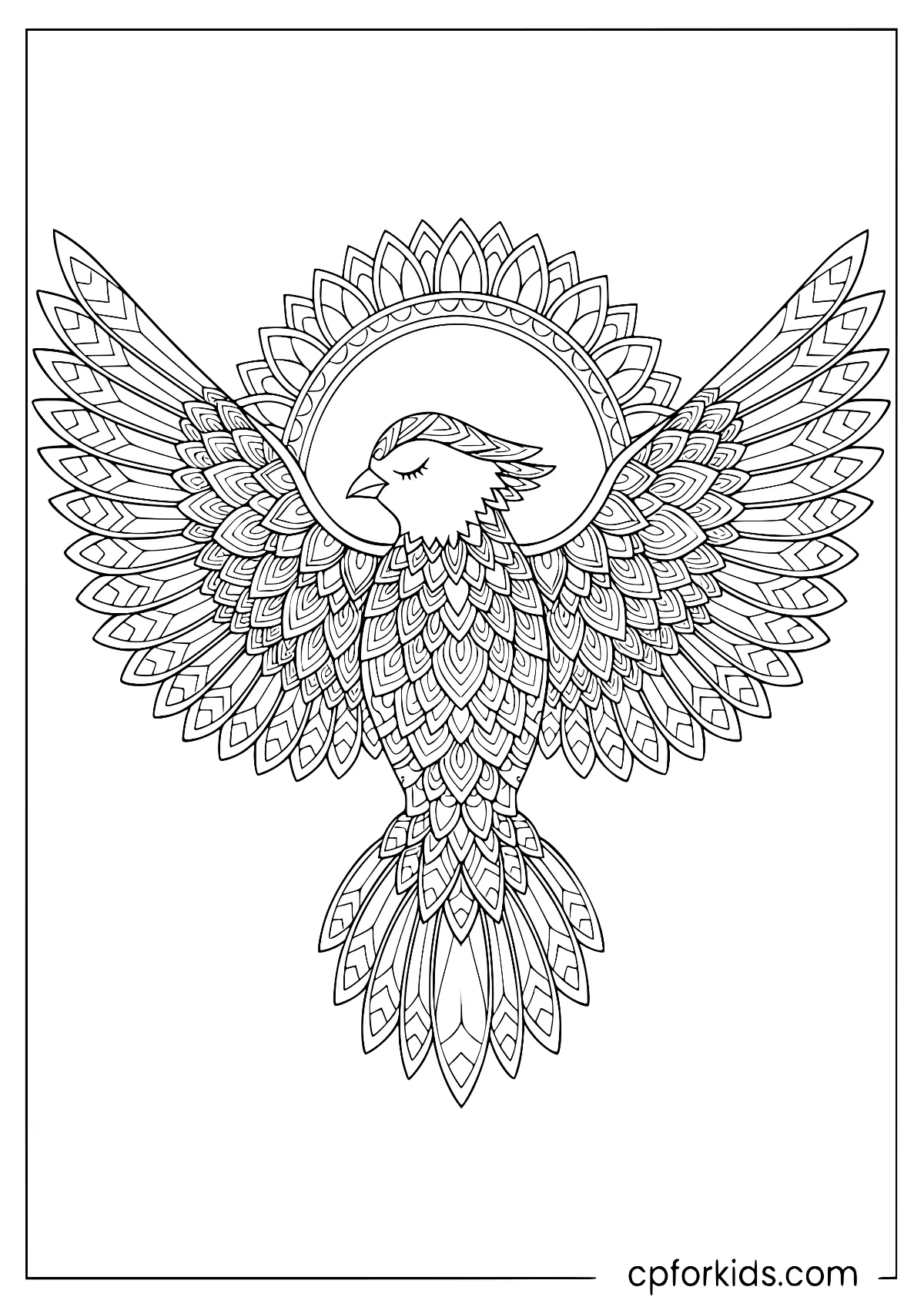 Bird with wings divided into symmetrical decorative sections