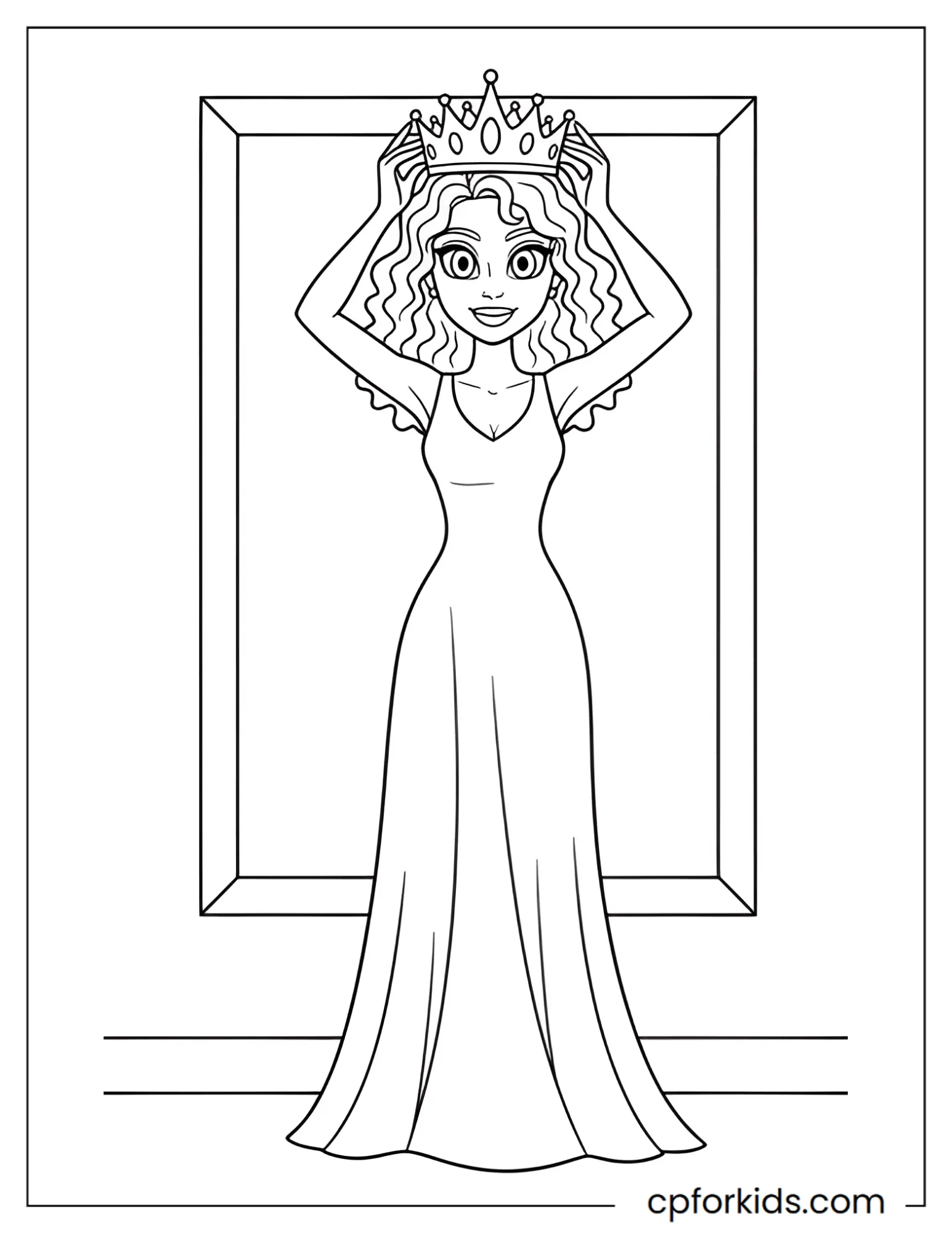 Curly hair princess lifting a crown above her head