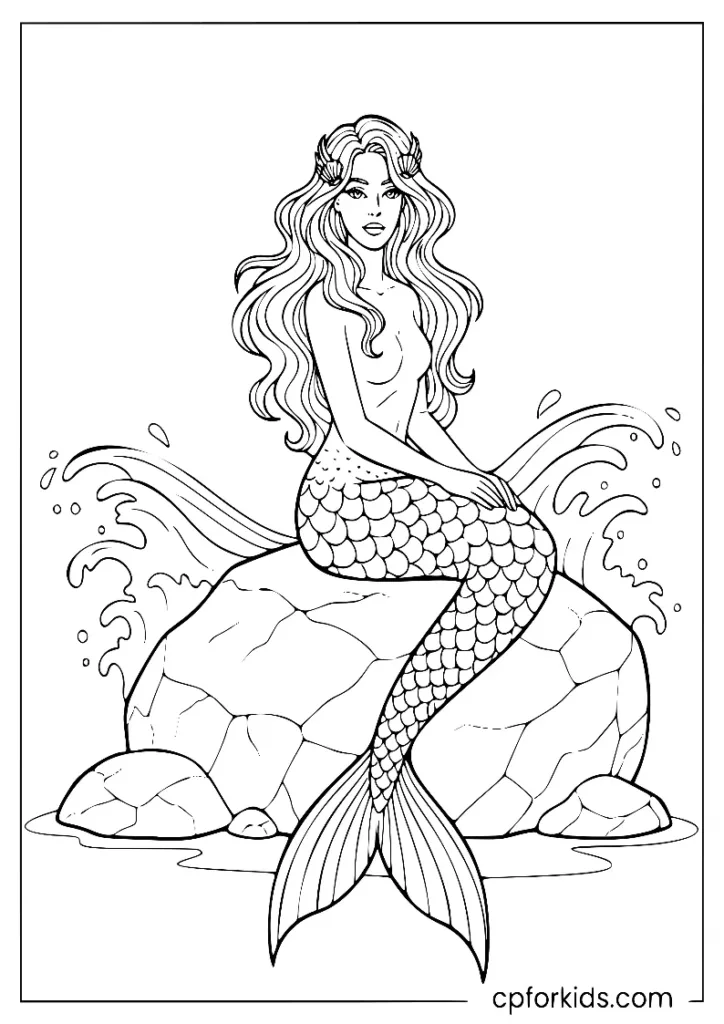 Beautiful siren coloring page sitting on ocean rock