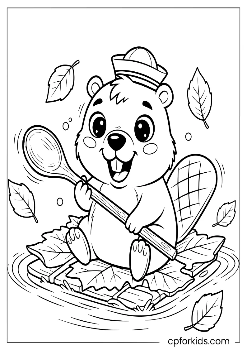 Beaver floating down a river on a leaf raft