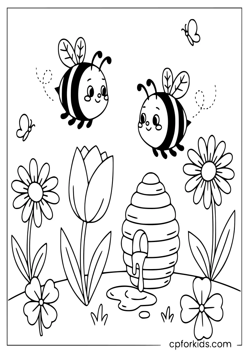 Cheerful bees among blooming May flowers