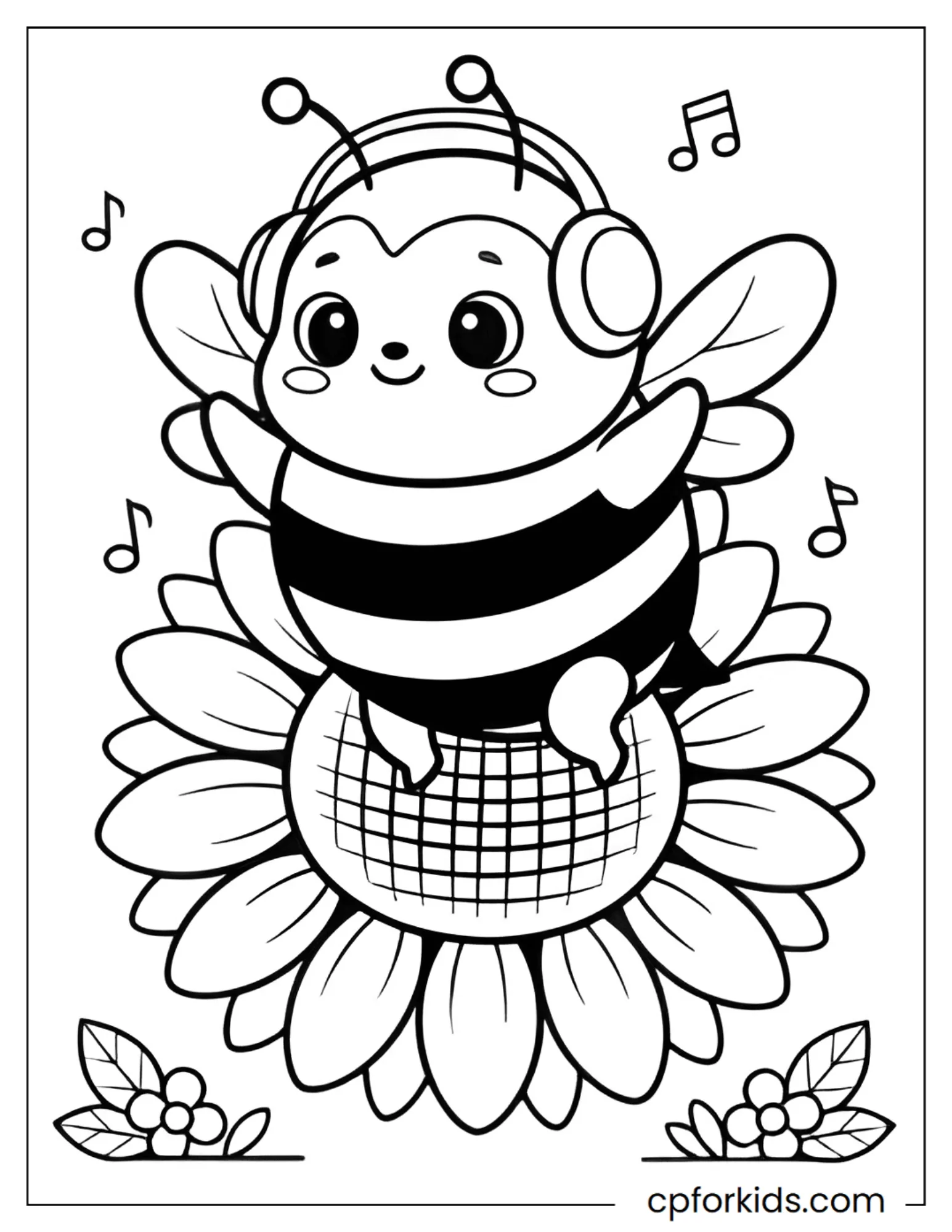 Bee wearing headphones dances on top of a sunflower