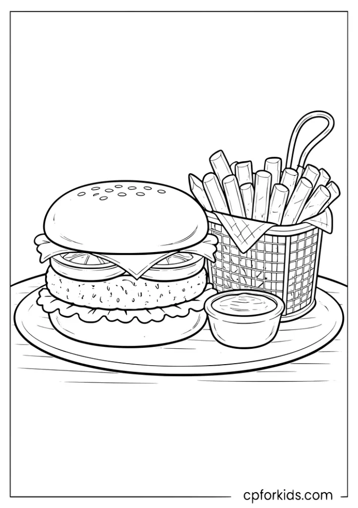 Beef burger with fries basket coloring page