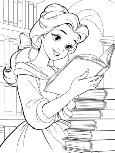 Belle reading a book in the castle library