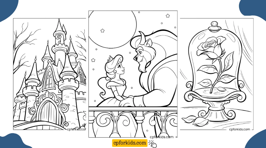 Free printable Belle coloring pages — enchanted castle, Belle and the Beast moonlit scene, and the enchanted rose