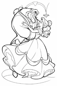 Belle dancing with the Beast in a ballroom