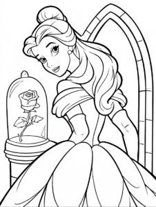Belle looking at the enchanted rose under glass