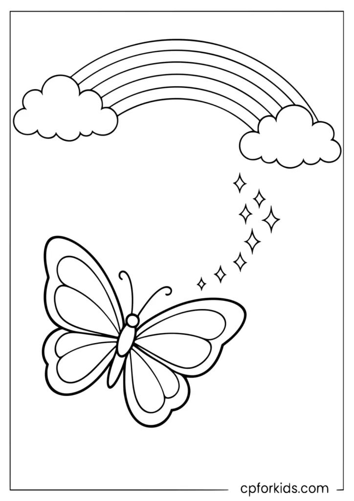 Big butterfly flying over rainbow coloring page printable