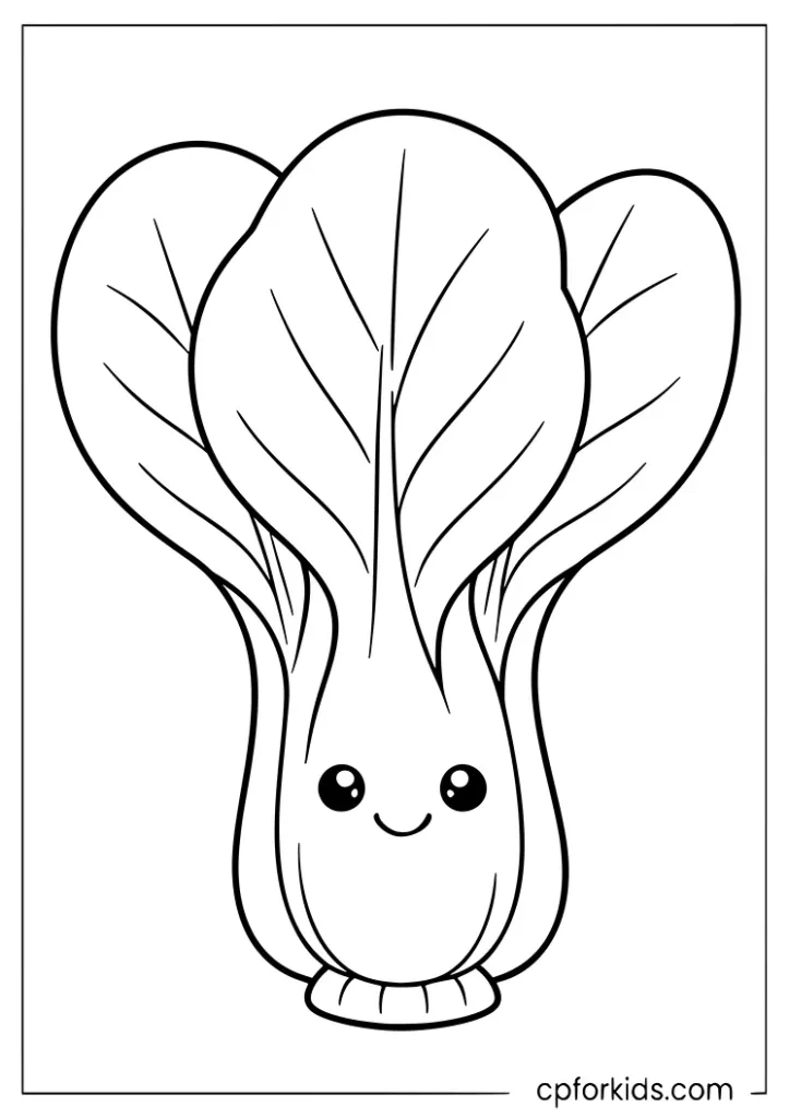 Big leaf bok choy vegetable with cute smile coloring page for preschoolers