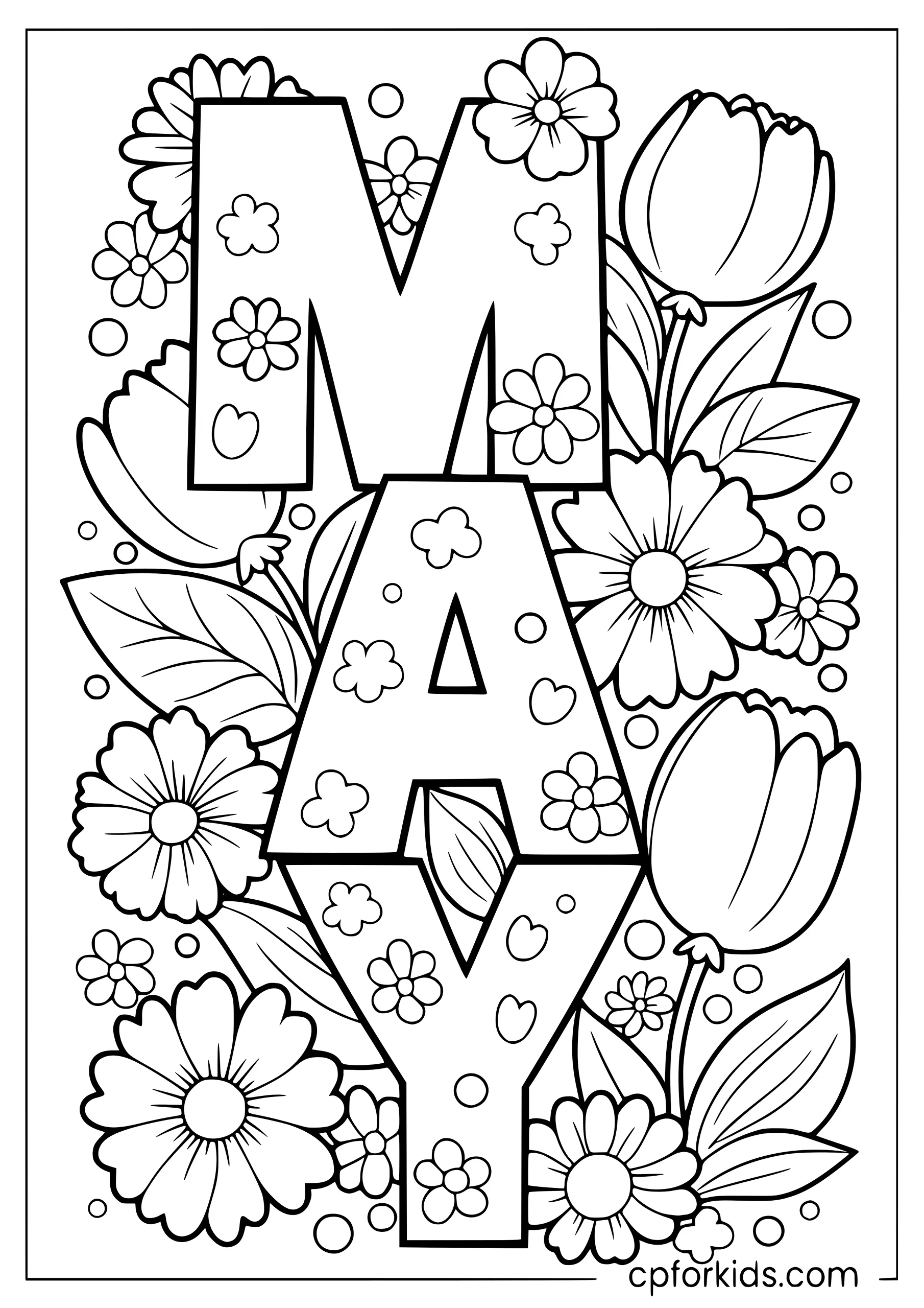 Big MAY letters coloring page decorated with flowers
