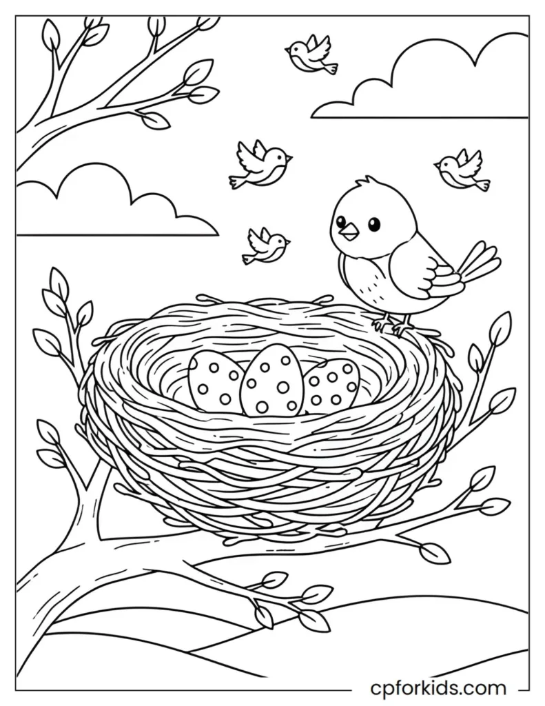 Detailed bird nest with eggs in a budding tree, spring nature coloring page.
