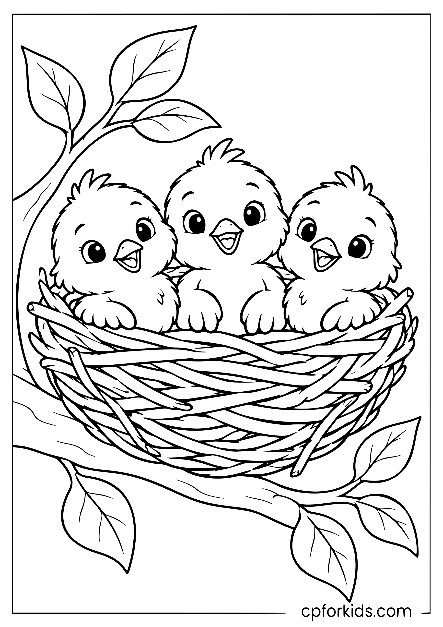Three baby birds sitting together in a nest on a tree branch