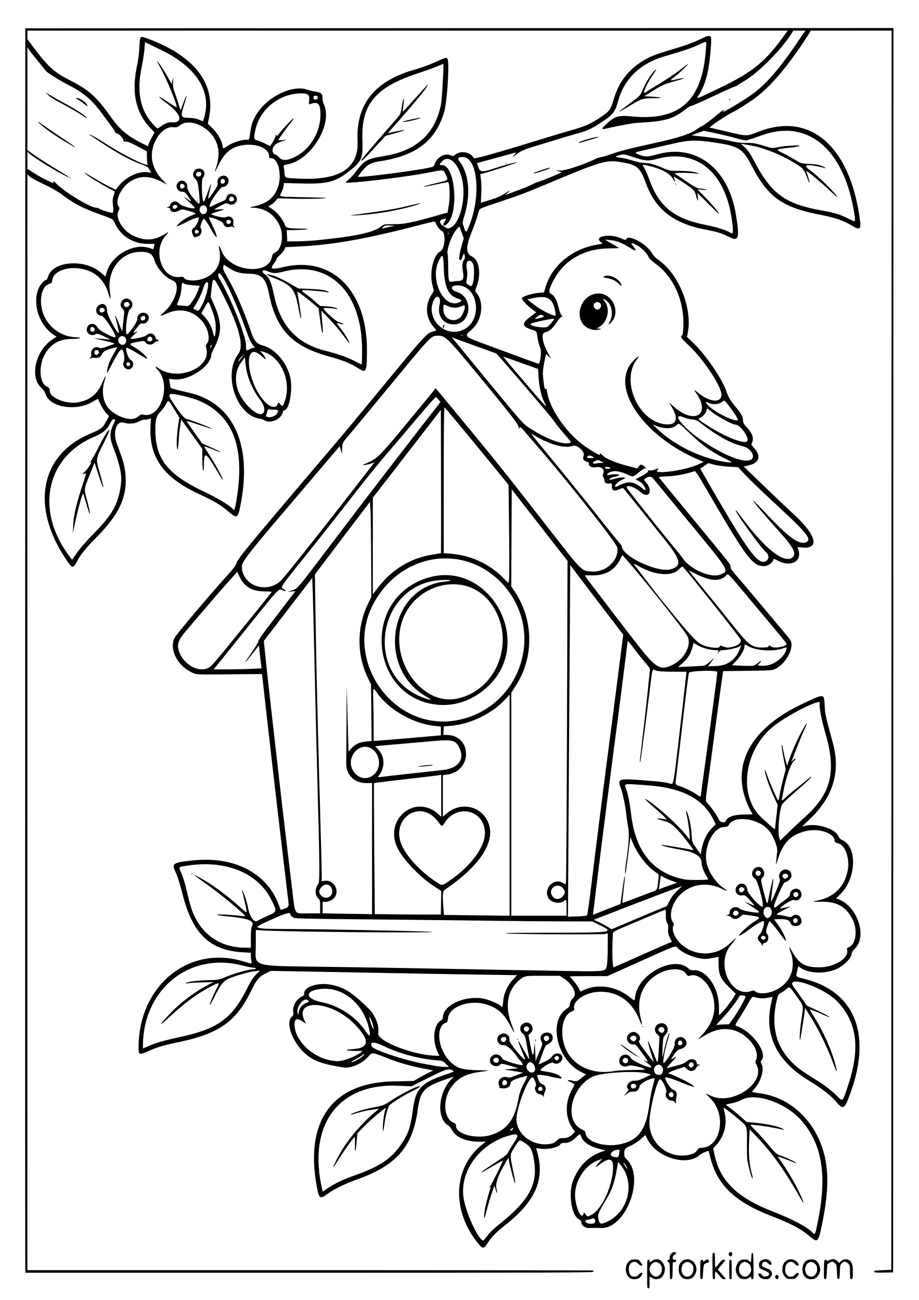 Small bird perched on a hanging birdhouse surrounded by spring flowers