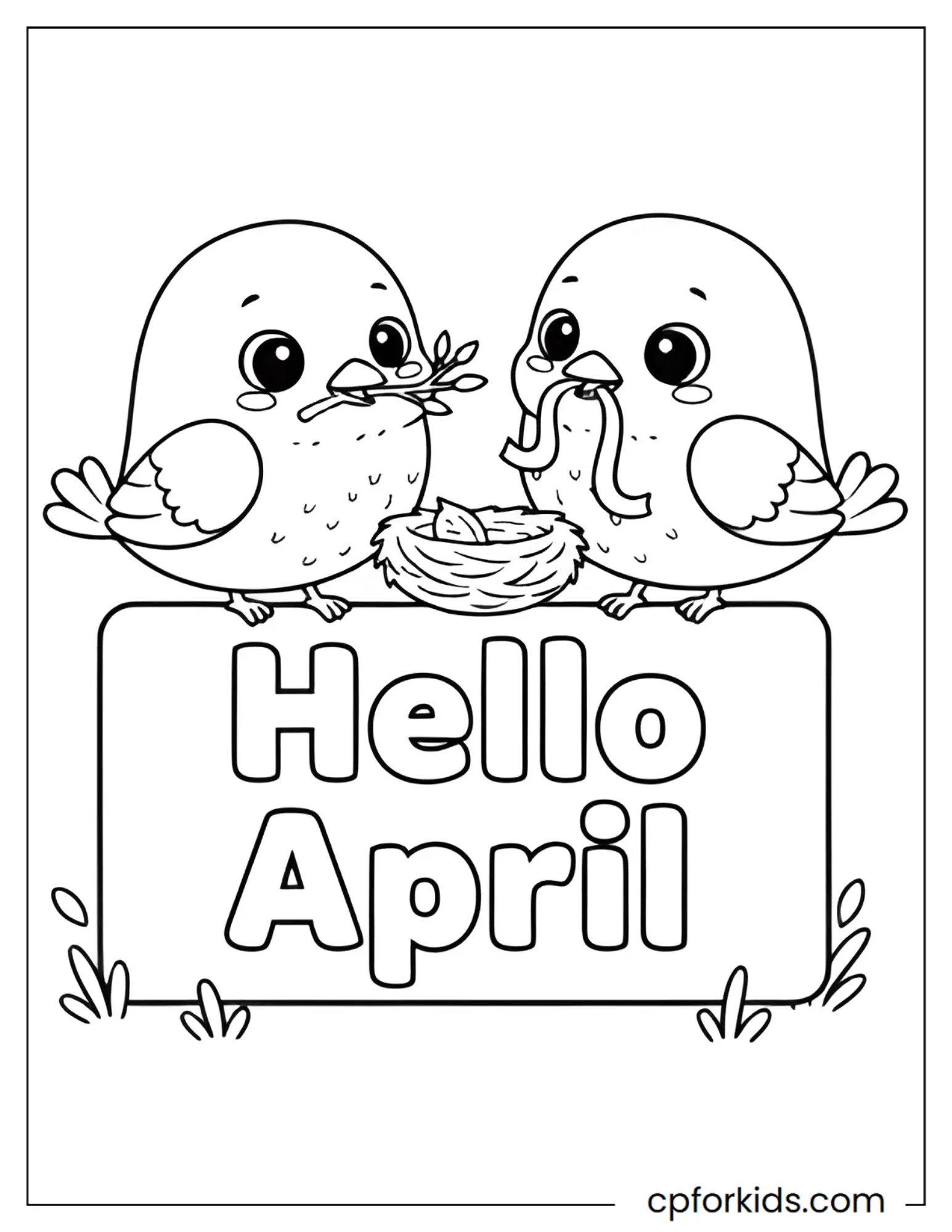 Pair of birds building a nest on top of a "Hello April" welcome sign