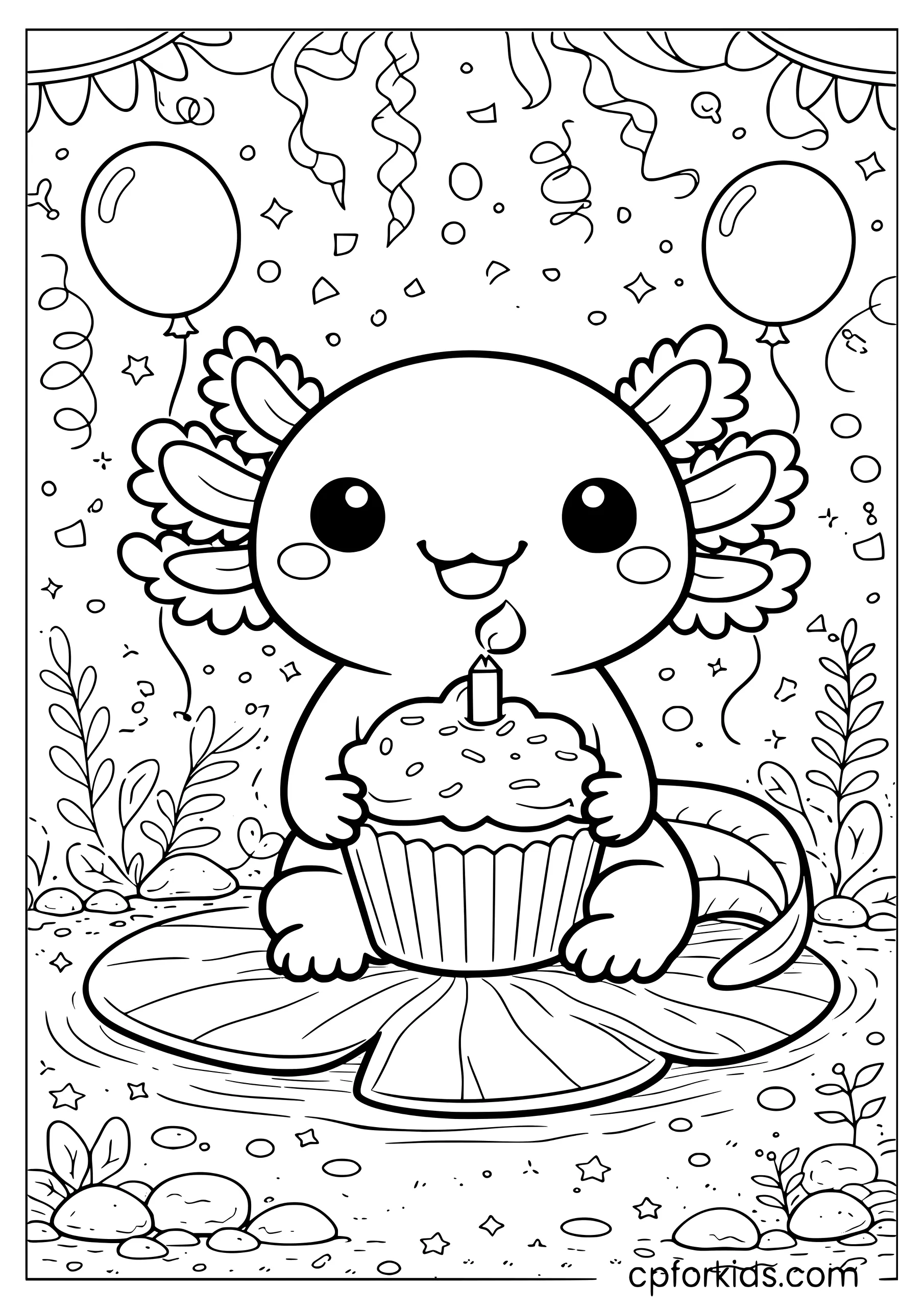 Birthday Axolotl Holding a Giant Cupcake
