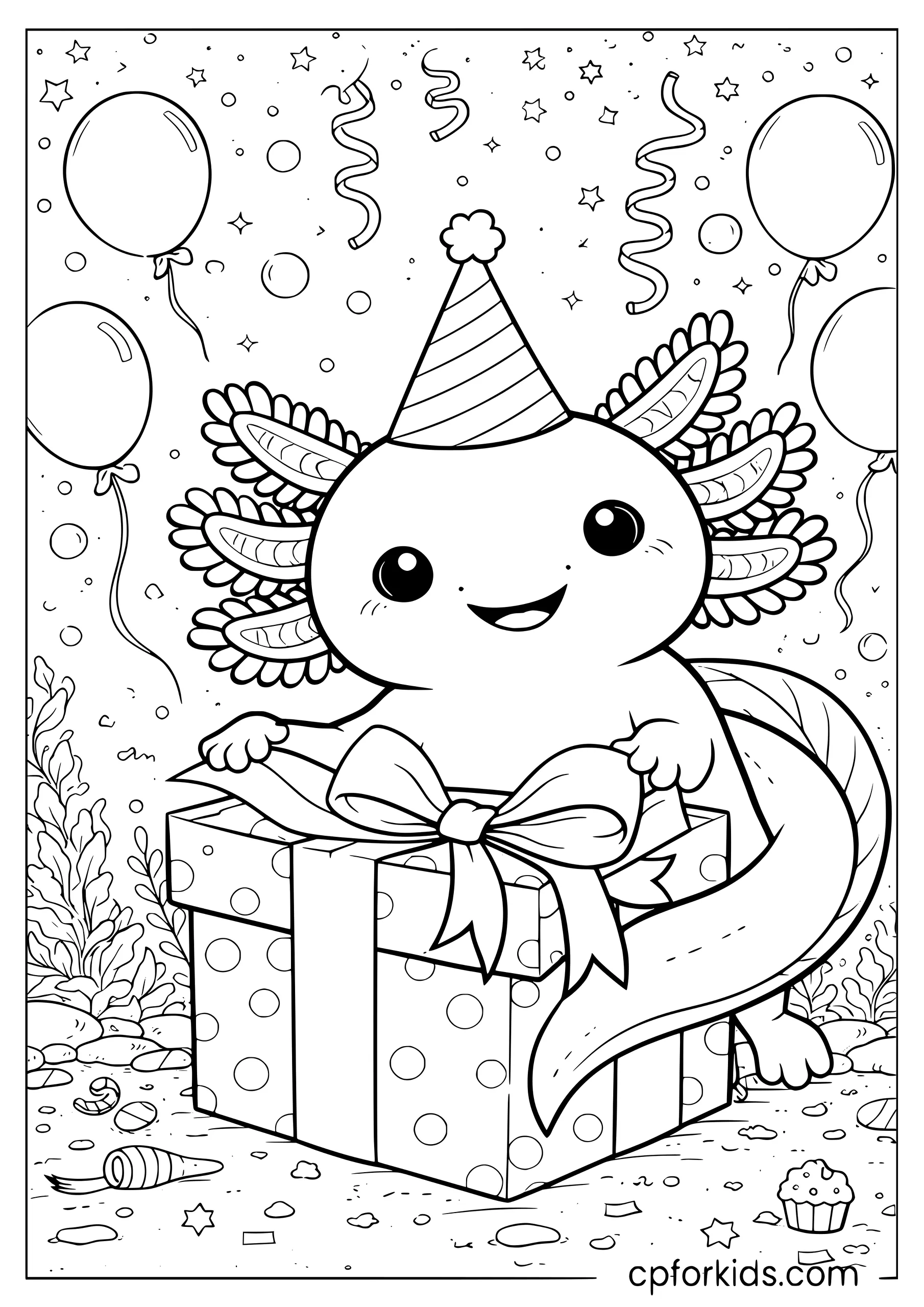 Birthday Axolotl Opening a Gift Box