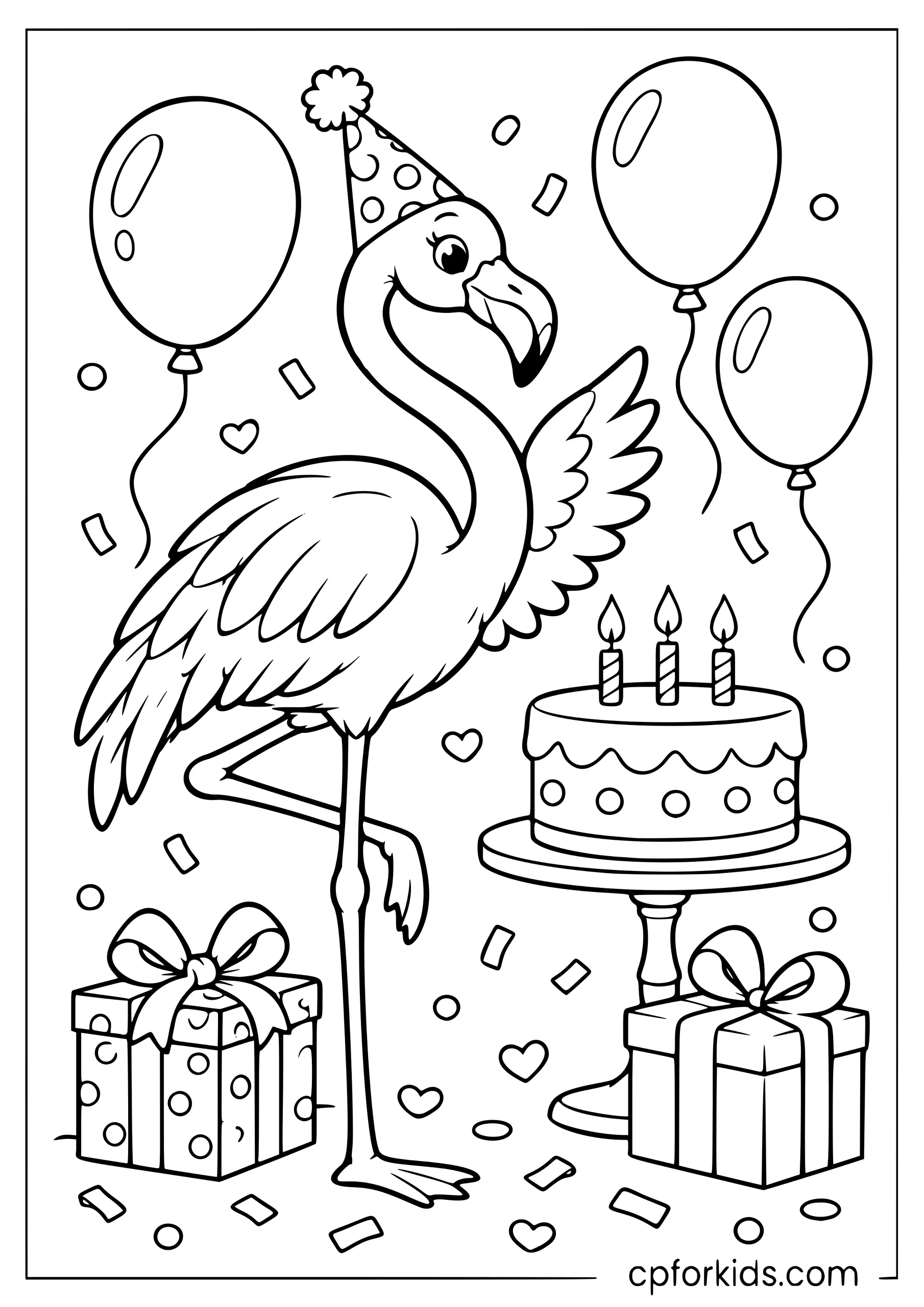 Birthday flamingo beside cake, balloons, and gifts