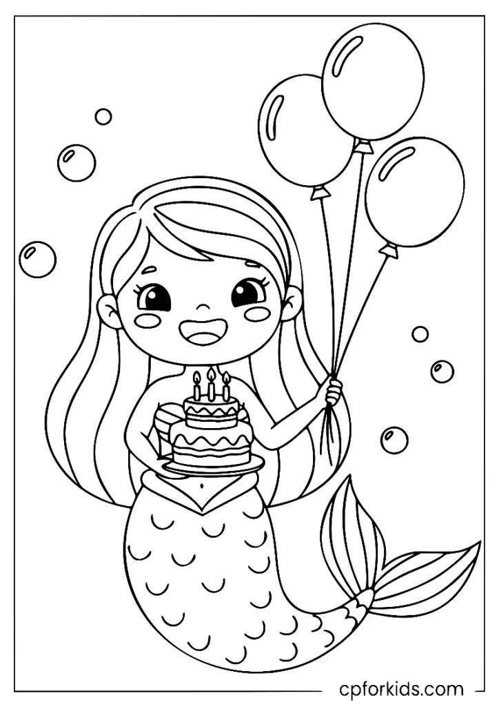 Birthday mermaid with cake and balloons coloring sheet