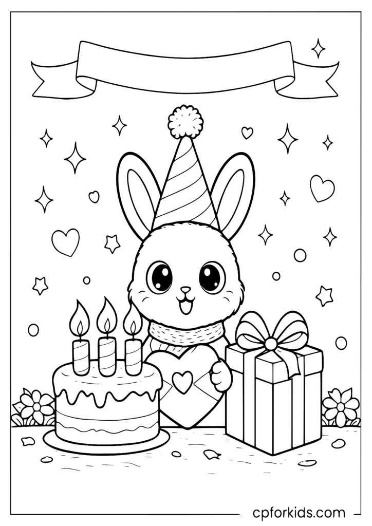 Birthday party rabbit with cake candles and gift coloring page