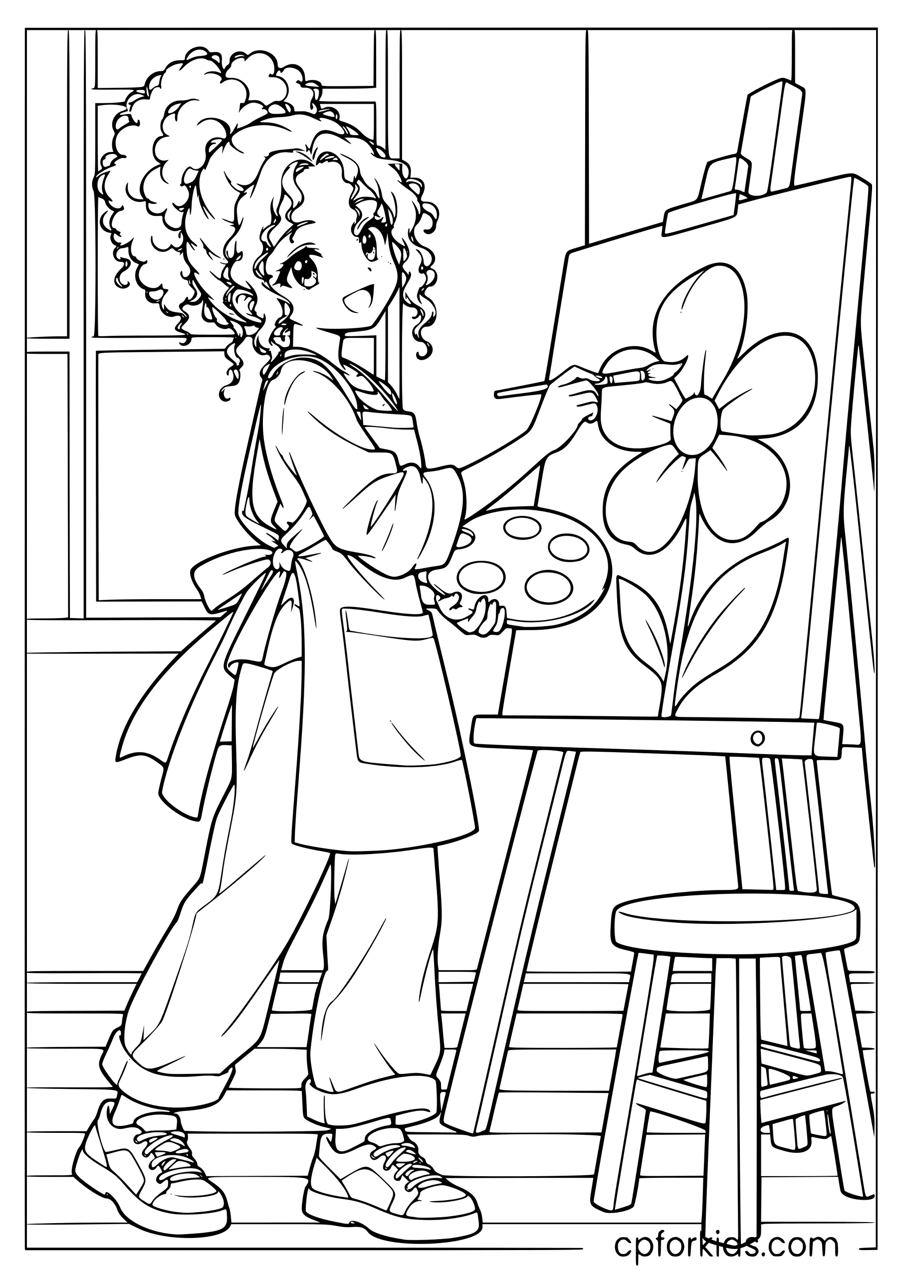 Curly-haired anime girl painting a flower on an easel